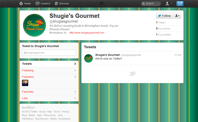 Shugie's Gourmet on Twitter, and example of Social Media Branding