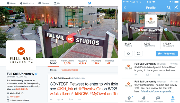 An example of how using the same cover image on both the mobile and desktop versions of Twitter is unacceptable.